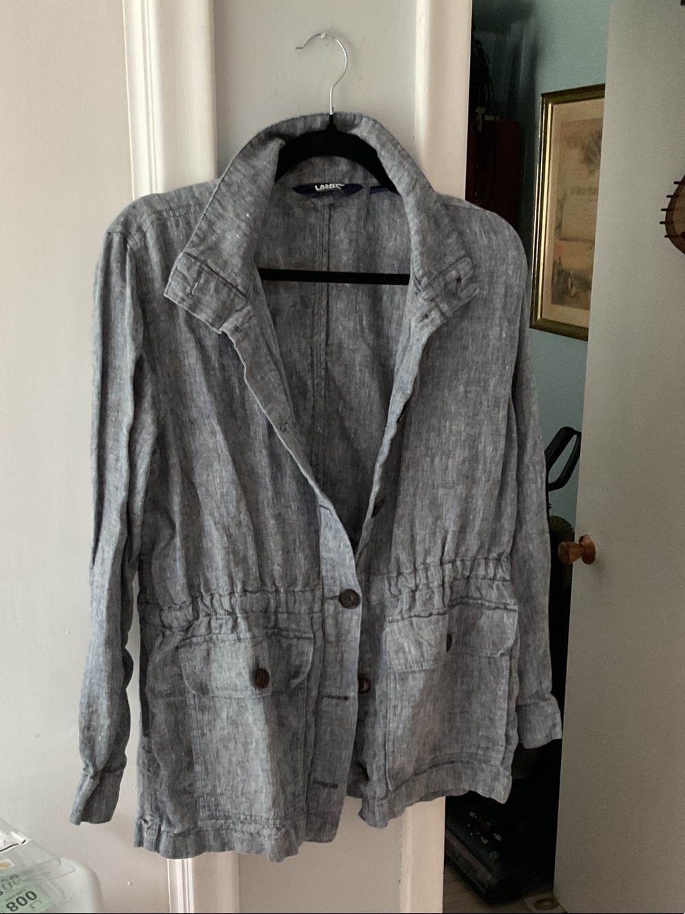 G008. Lands' End Blue Linen-Blend Utility Jacket with Drawstring Waist